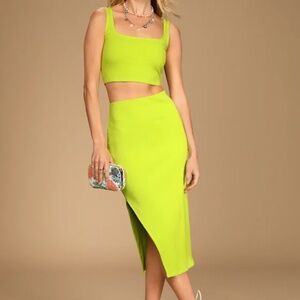 Lulus Set for Life Lime Green Ribbed Bodycon Two - Piece Dress, size: L